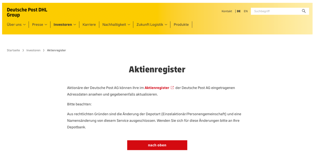 Aktienregister Zugang der Deutschen Post AG